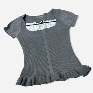Hyperbees Ribbed‎ Peplum Dark Academia Top Polka Dot Ruffle Bow Square Neck S